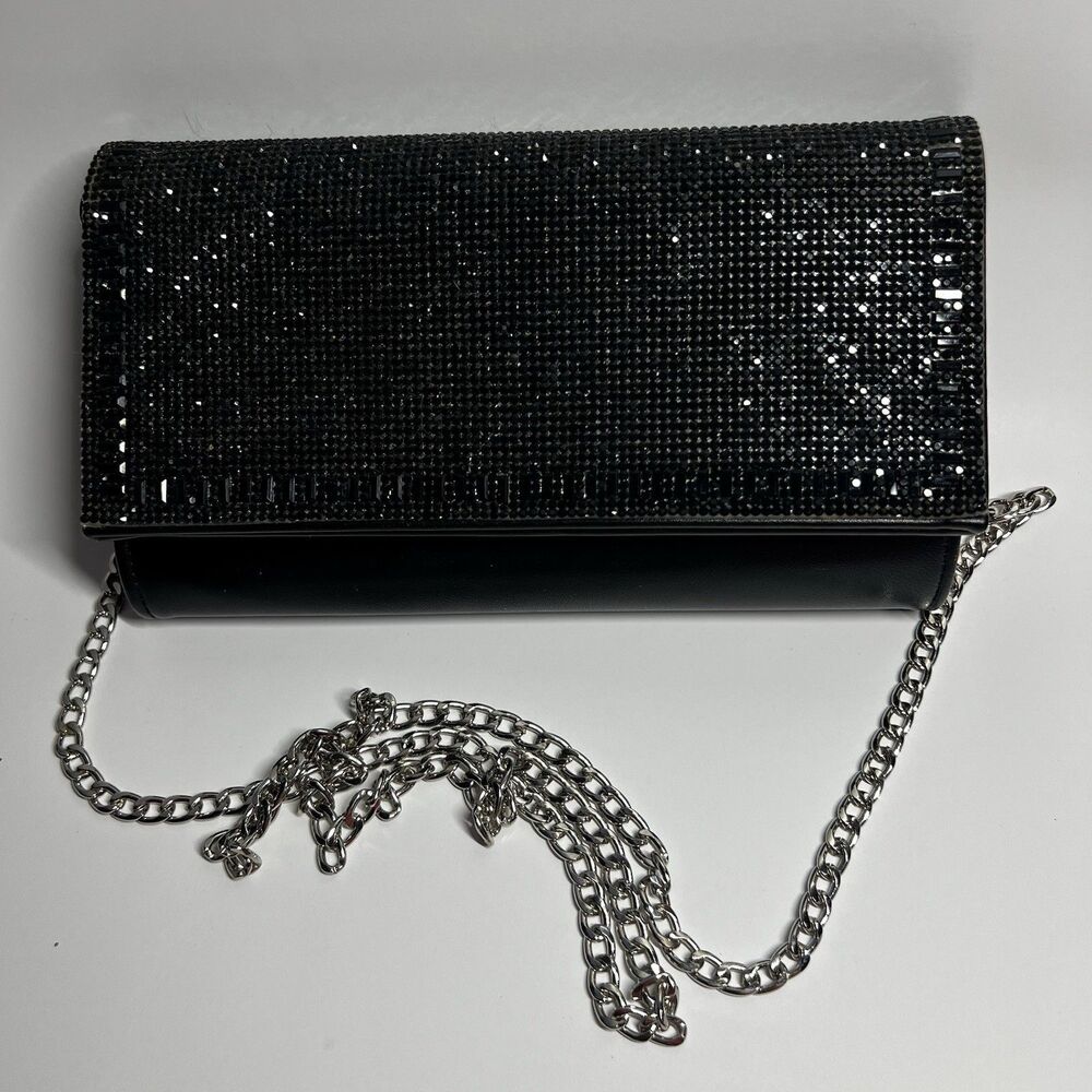 STARLET Black Rhinestone Evening Clutch Bag Convertible Silver Chain Strap 8.5"